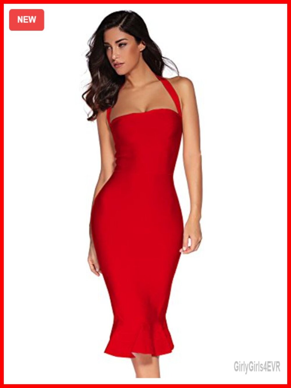 Halter Fishtail Bandage Midi Bodycon Party Dress Wedding Guest Elegant